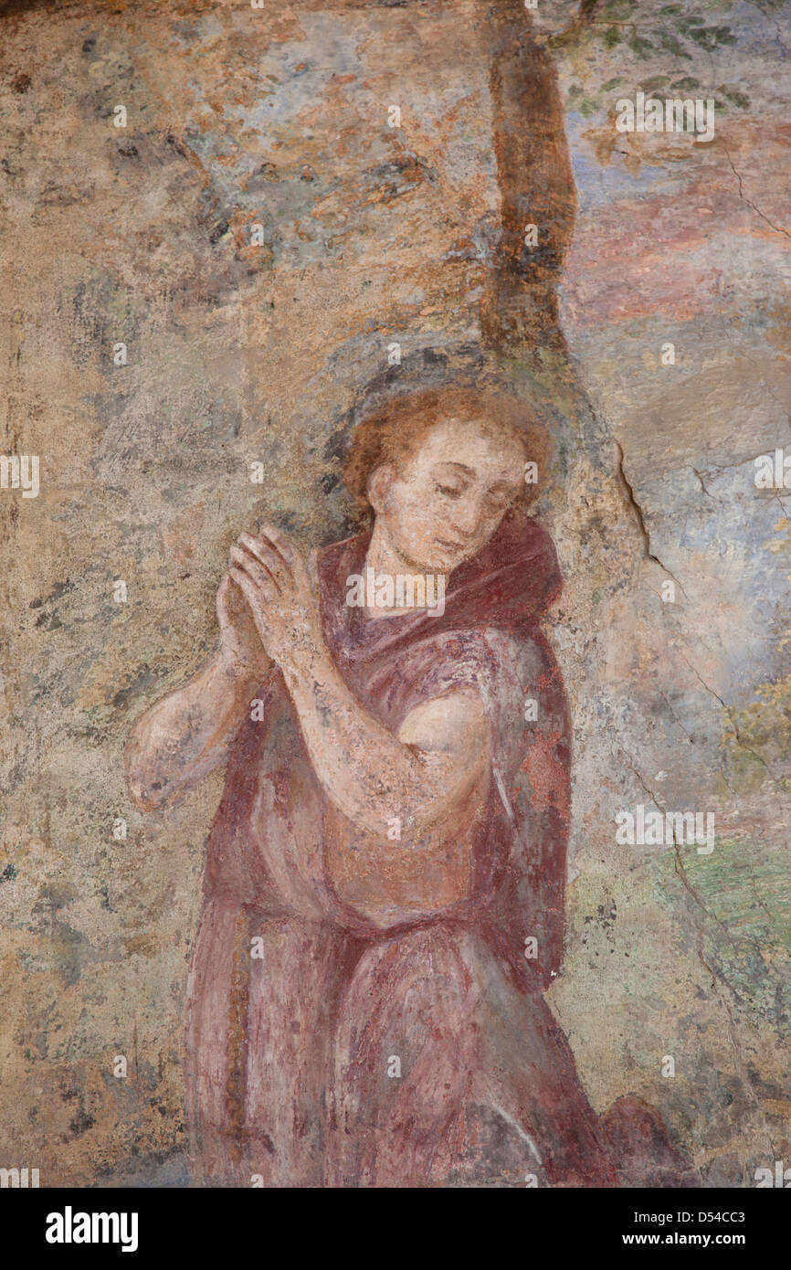 Close up dei dipinti murali di Santa Chiara chiostro, Napoli, Italia Foto Stock