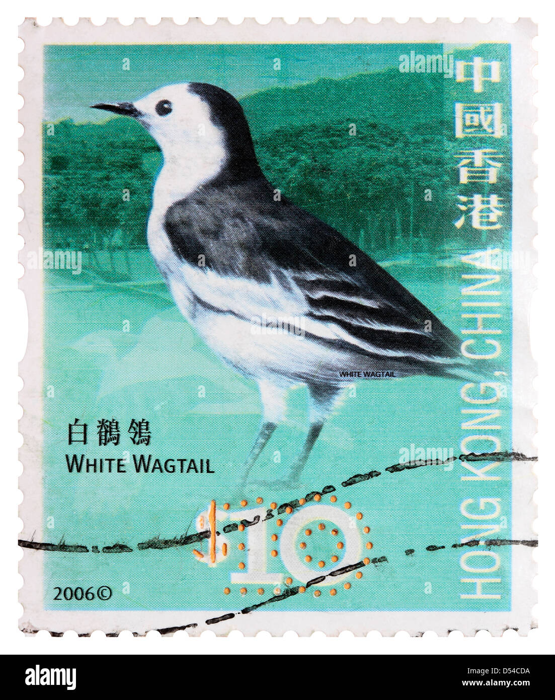 Utilizzato dieci Dollaro di Hong Kong Francobollo - Bianco Wagtail Foto Stock