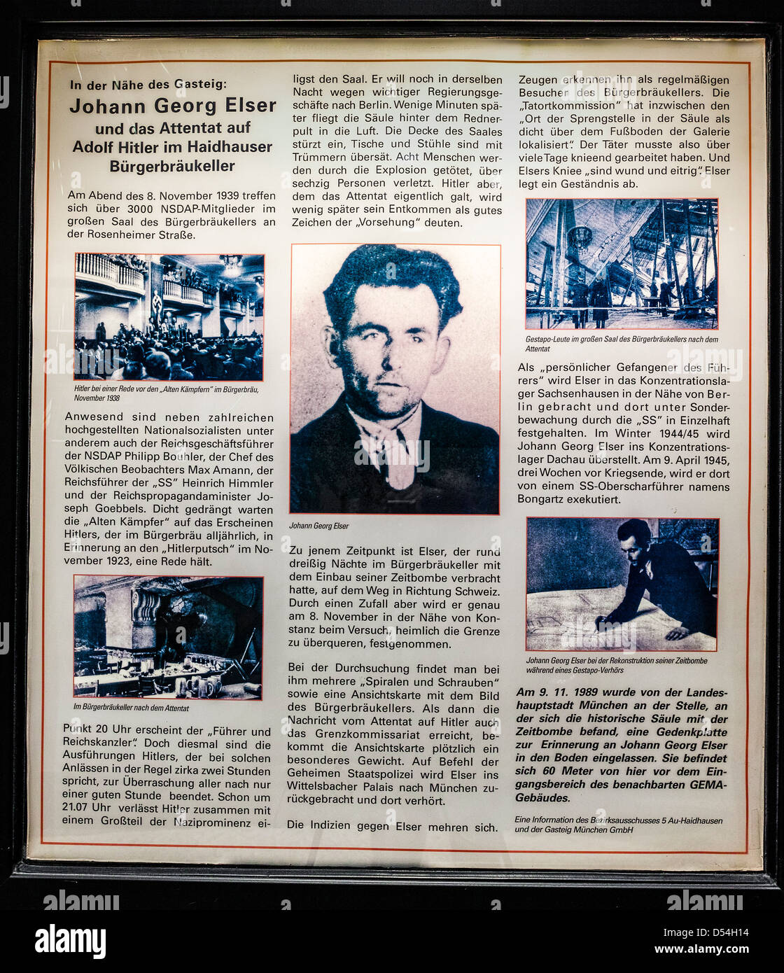 Pannello informazioni su Georg Elser che hanno effettuato un tentativo di assassinio su Adolf Hitler nel Bürgerbräukeller nov. 1939 Foto Stock