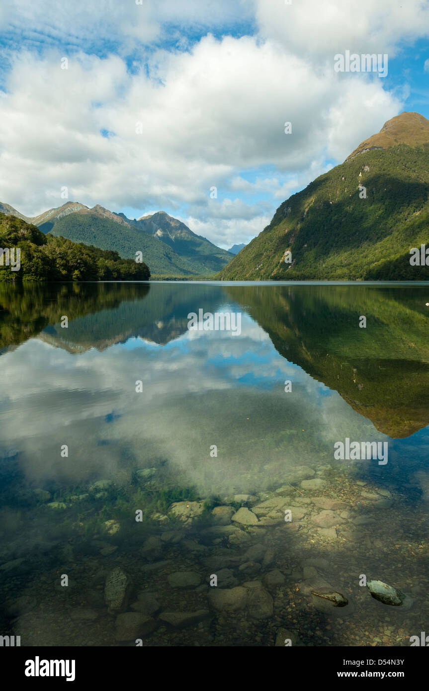 Riflessi nel lago Gunn, Fjordland, Nuova Zelanda Foto Stock