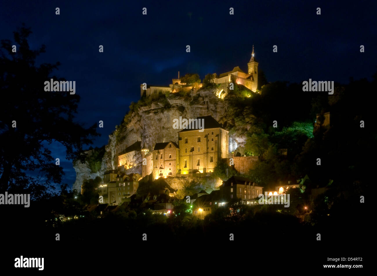 Rocamadour di notte, Lot, Midi-Pirenei, Francia Foto Stock