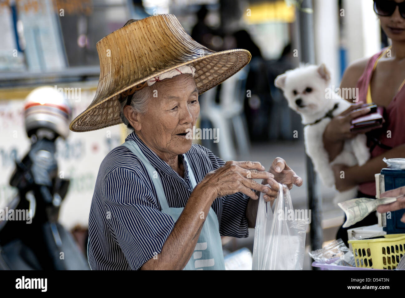 Donna anziana street food vendor, felice e sorridente al suo lavoro. Thailandia del sud-est asiatico Foto Stock