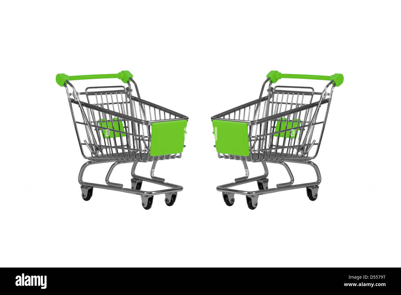 Due carrelli di shopping osservando isolato su bianco Foto Stock