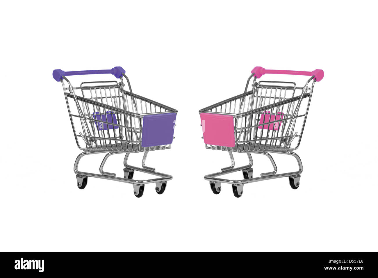 Due carrelli di shopping osservando isolato su bianco Foto Stock