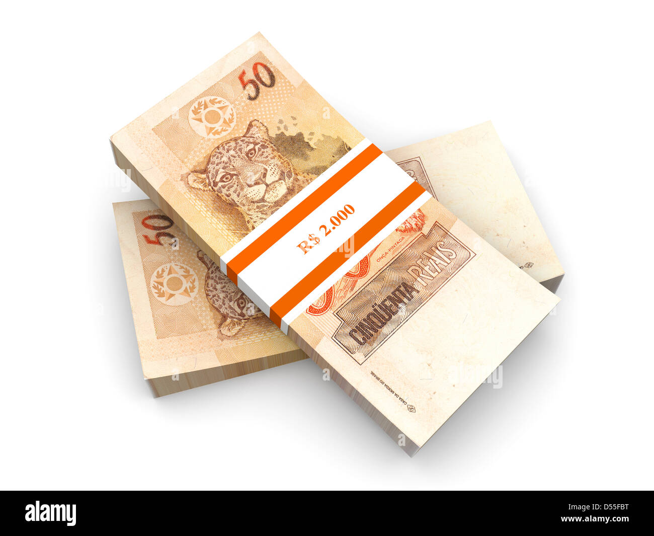50 note reale. La valuta brasiliana. 3D reso illustrazione. Isolato su bianco. Foto Stock