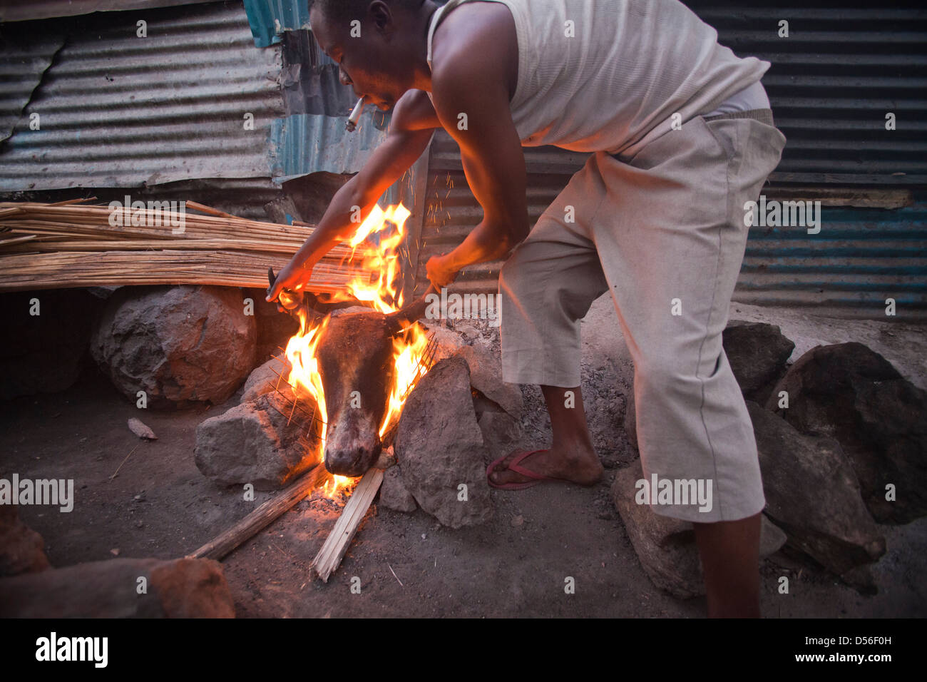 L'uomo la cottura di una vacca di testa sul fuoco, il lago Victoria, Kenya Foto Stock