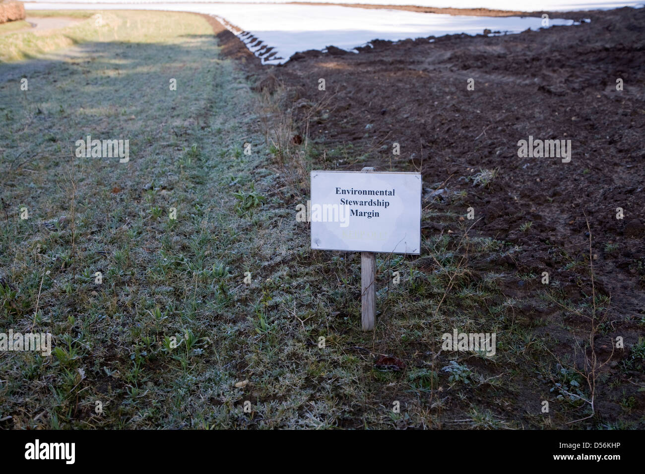 Segno che indica la sensibilità ambientale margine nel campo, Wantisden, Suffolk, Inghilterra Foto Stock