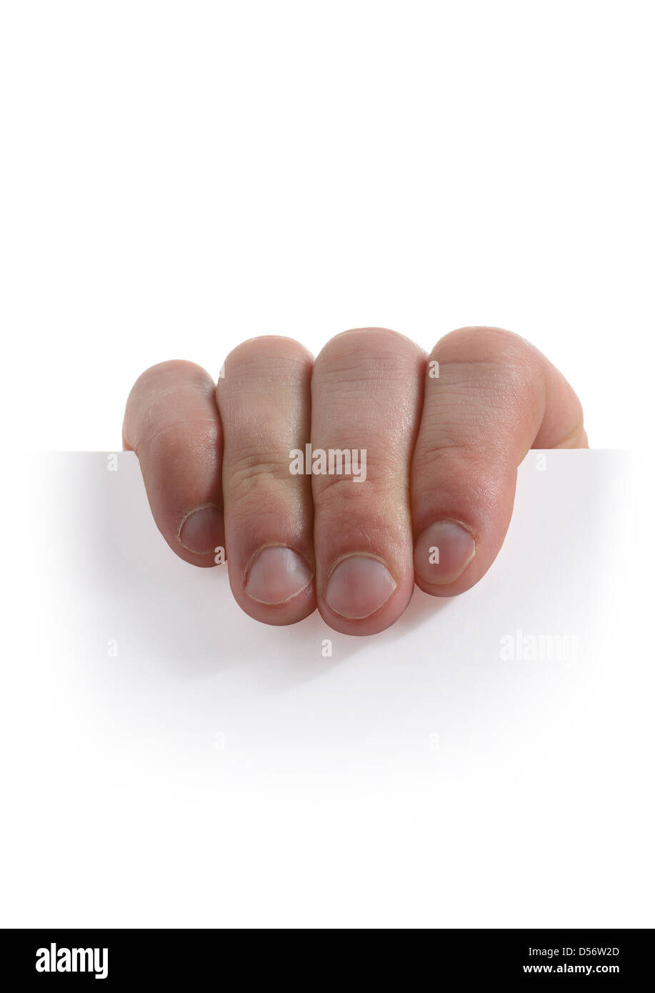 Mano azienda carta bianca su sfondo bianco Foto Stock