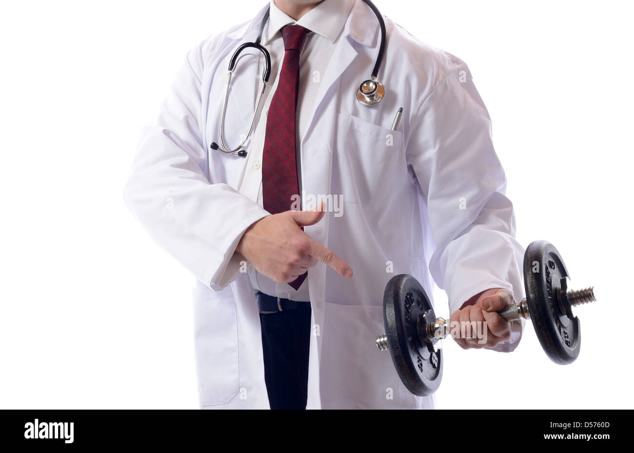 Un medico dare consigli per esercizio isolato su bianco Foto Stock