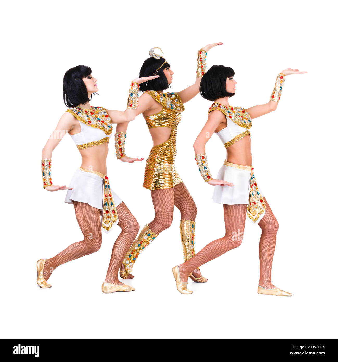 Dancing faraone donna che indossa un costume egiziano. Foto Stock