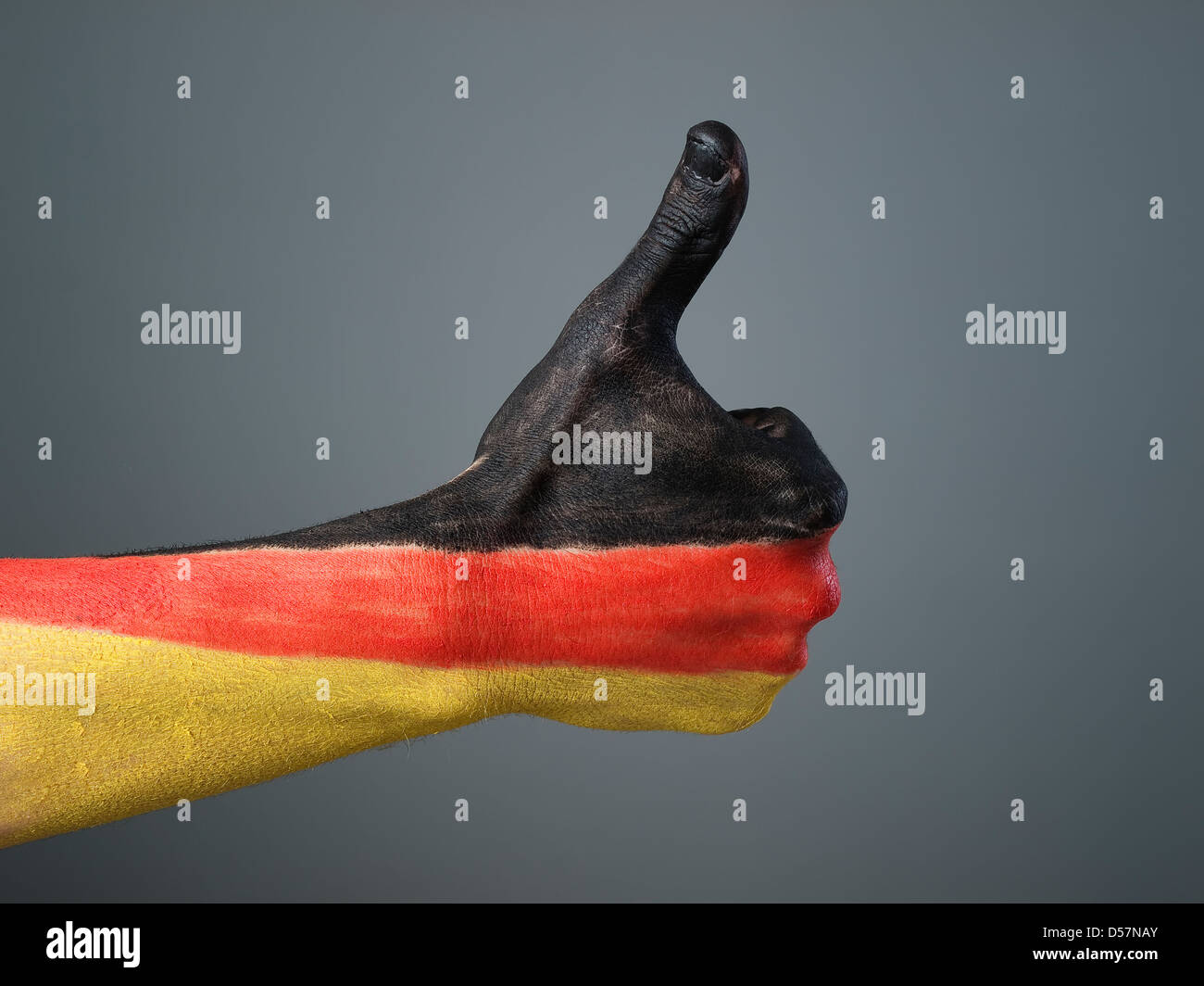 Dipinta a mano con la bandiera della Germania, che esprimono la positività e isolate su uno sfondo grigio Foto Stock