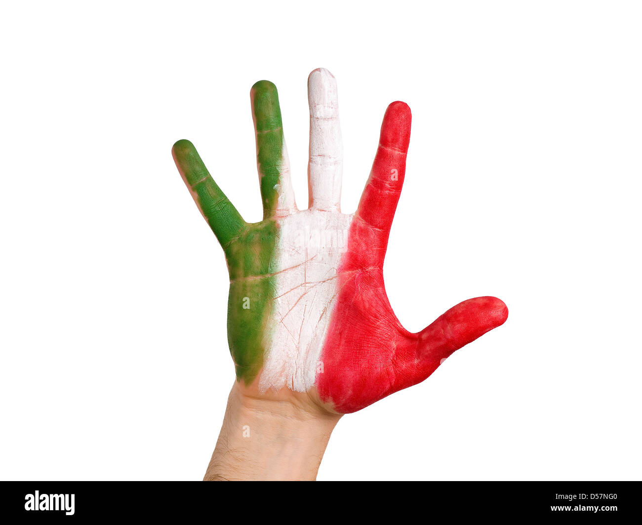 Mano aperta con la bandiera italiana dipinta sul palm e cinque dita isolate su sfondo bianco Foto Stock