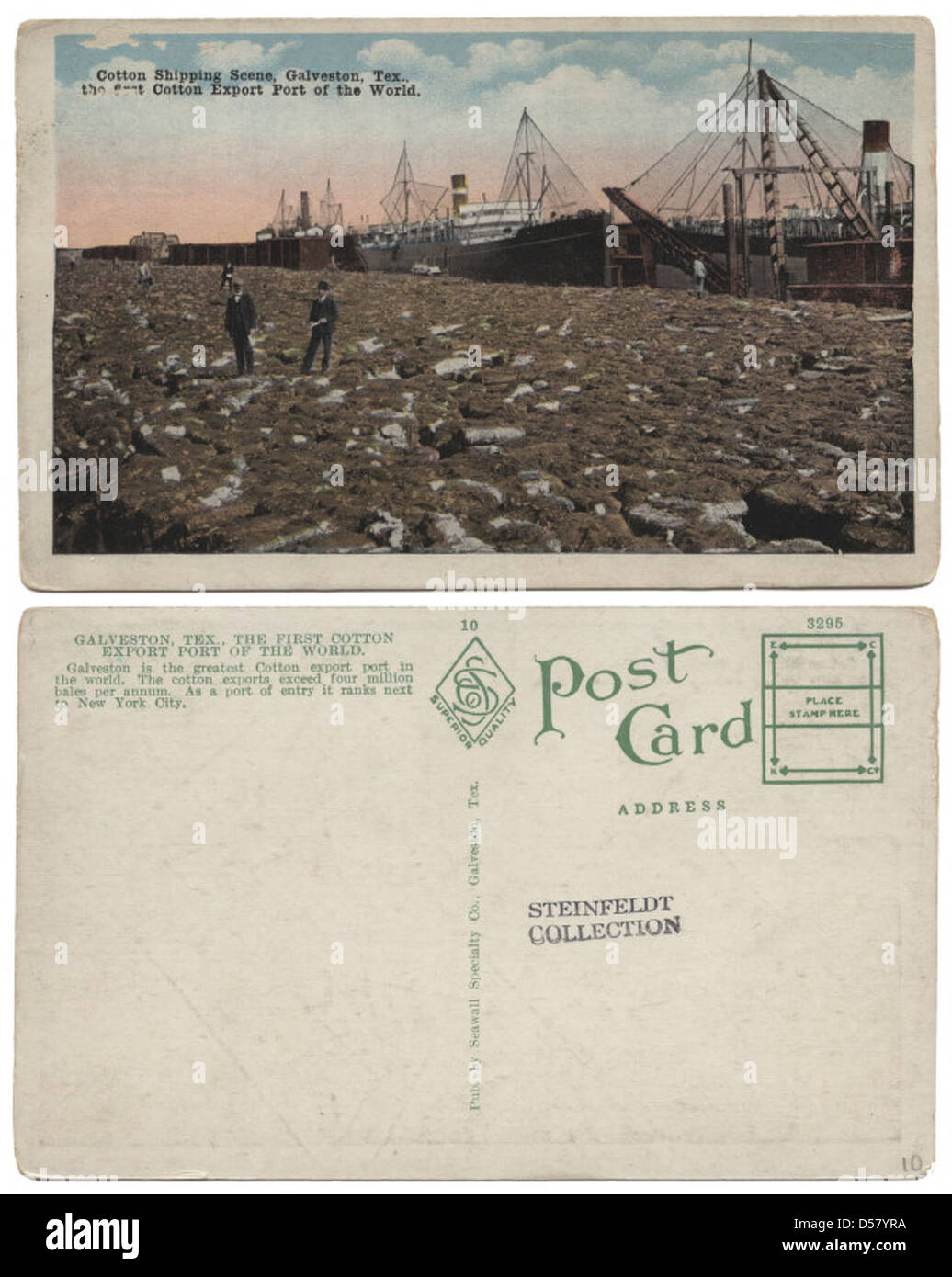 Questa immagine raffigura una vivace scena di cotone spedito fuori da Galveston, Texas, il primo porto al mondo per l'esportazione di cotone, con balle di cotone e barche lungo i moli. Foto Stock