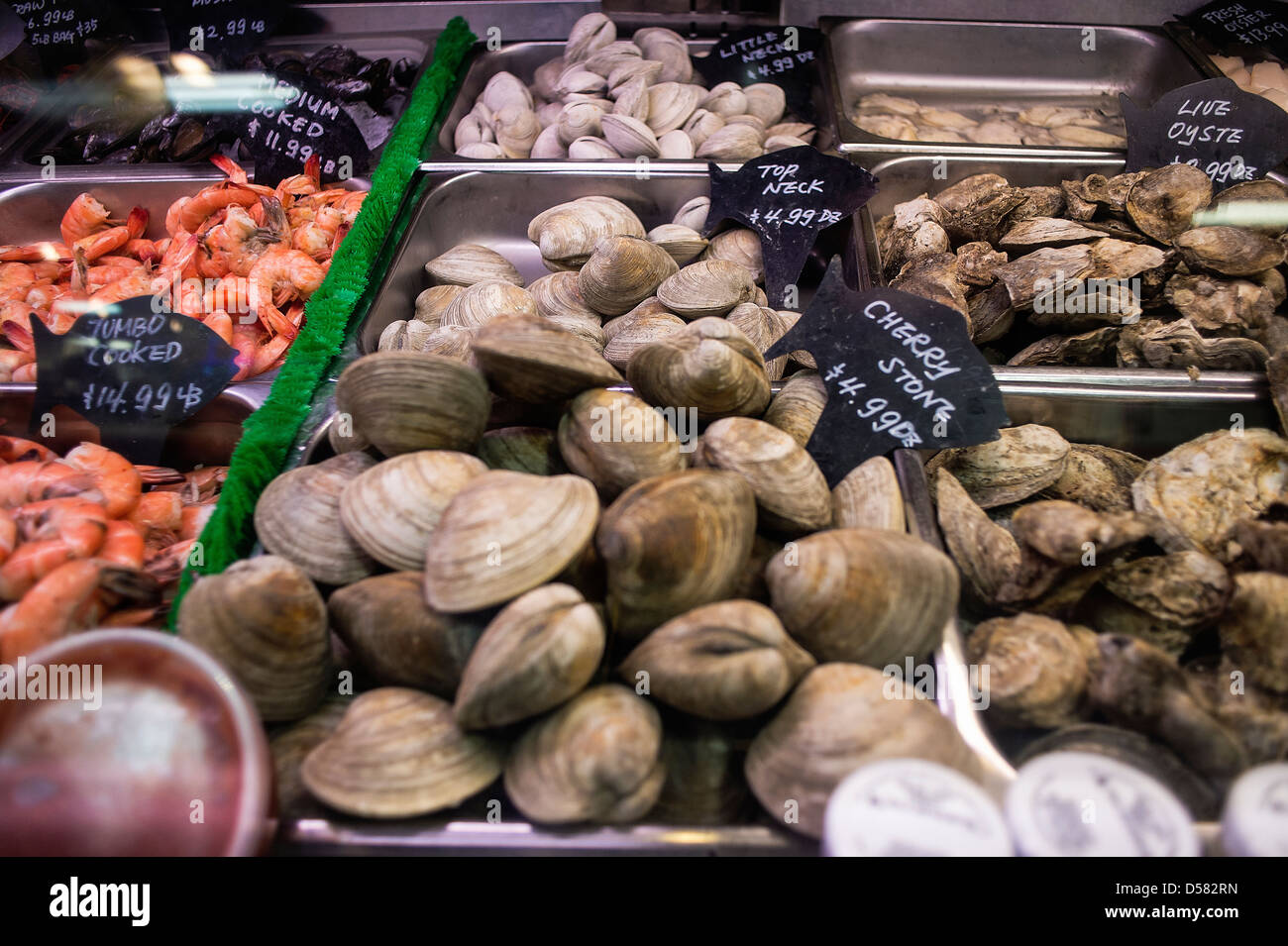 Display di molluschi a un mercato di frutti di mare. Foto Stock