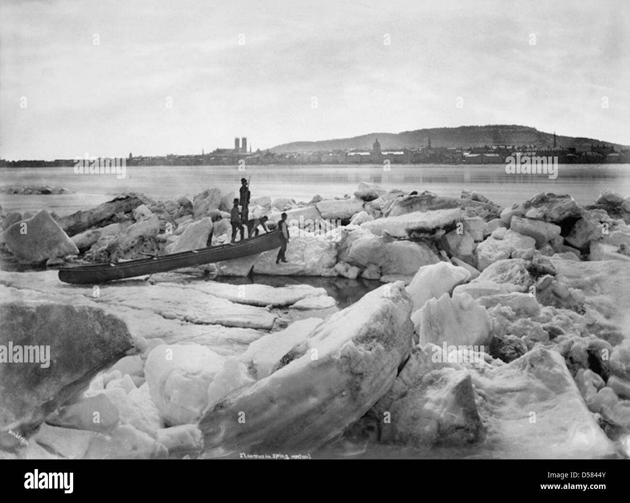 Una vista primaverile del fiume St. Lawrence di fronte a Montreal, Quebec, Canada, che cattura il tranquillo paesaggio naturale e i primi segni della fioritura della stagione. Foto Stock