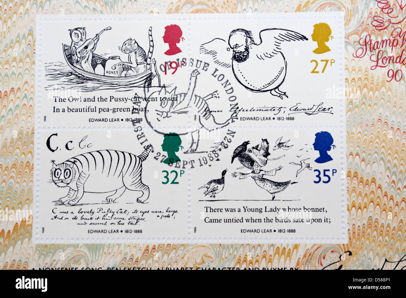 Serie britannica di francobolli per commemorare l'anno di morte di Edward Lear. Regina Elisabetta II Foto Stock