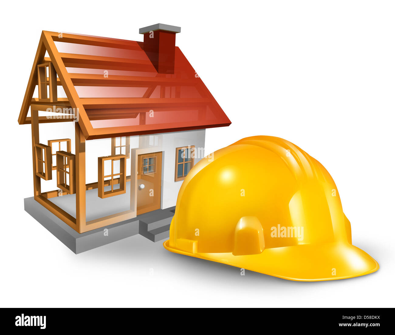 Costruzione casa e home builder concetto con un lavoratore di giallo hardhat e una struttura residenziale essendo costruito su un retro bianco Foto Stock