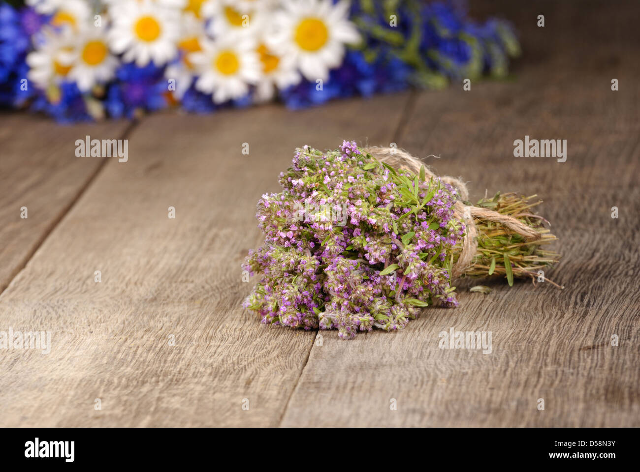 Mazzetto di erbe di timo sulla tavola di quercia Foto Stock