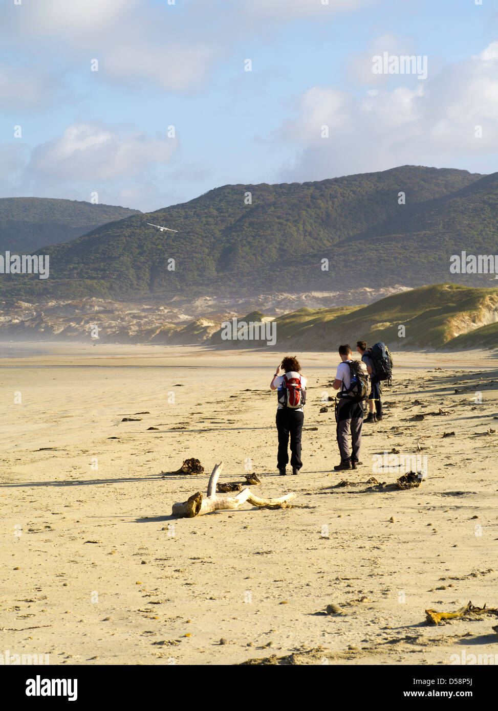 Trampers guardare un Isola Stewart ponticello voli aereo offre gli escursionisti e trampers alla spiaggia di Mason Bay, l'isola di Stewart Foto Stock