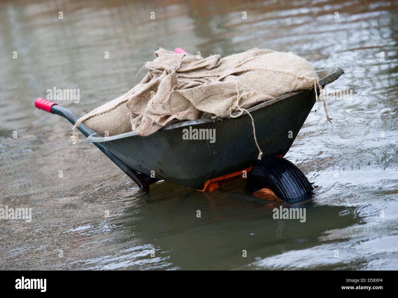 A Barrow caricate con sacchetti di sabbia si erge su un marciapiede allagata nel 'Buschmuehlenweg' a Francoforte sull'Oder, Germania, 28 maggio 2010. Molte case e giardini in questa strada sono sommersi in acqua fino ad una altezza di 0,5 m. Sin dal mattino del 28 maggio, l'acqua ha smesso di salire. Foto: PATRICK PLEUL Foto Stock