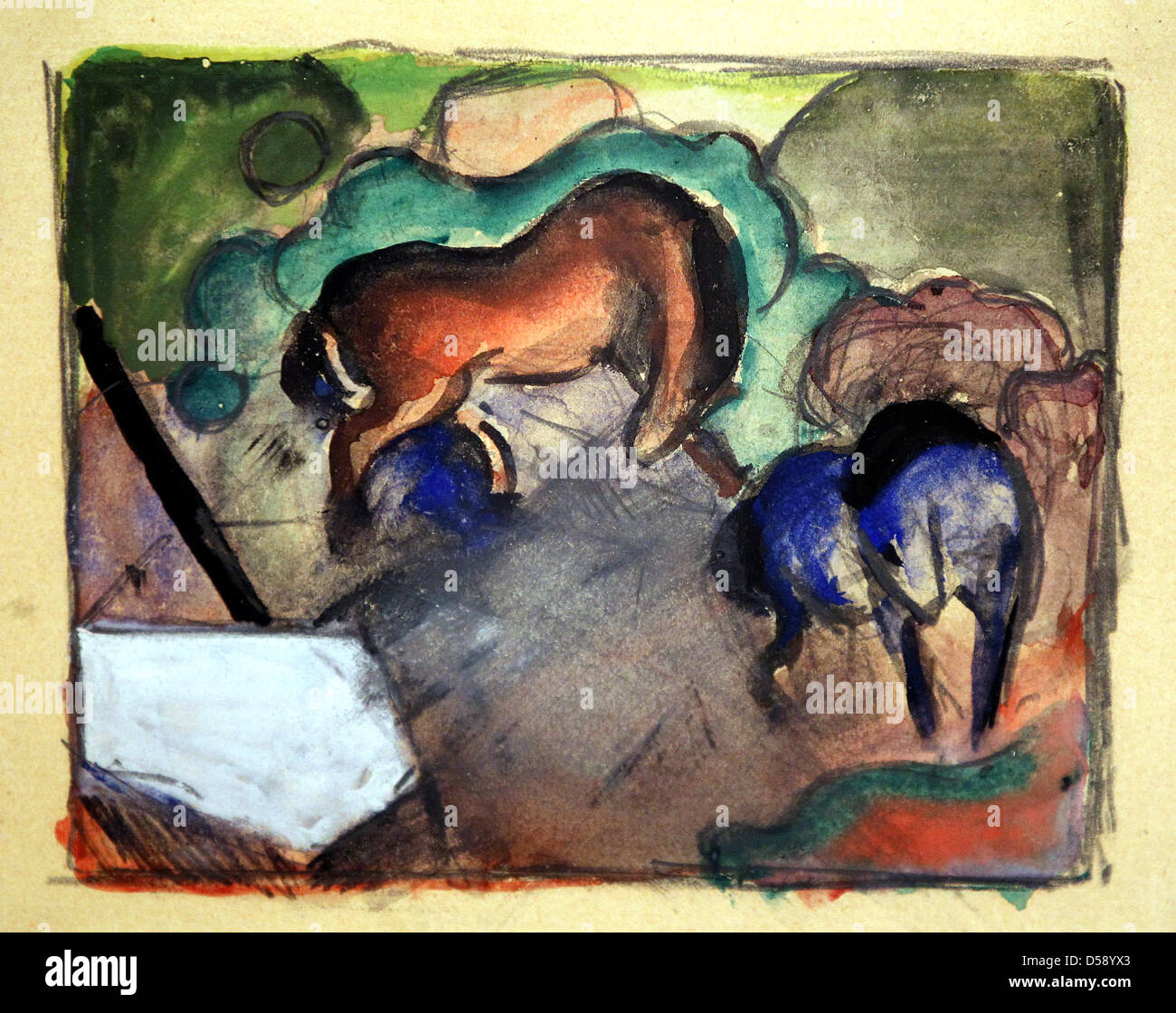 Il dipinto 'rosso e blu " cavallo da Franz Marc da 1912 raffigurata a Villa Griesebach a Berlino (Germania), 31 maggio 2010. Il dipinto da un tedesco di collezione privata sarà messo all'asta a Villa Griesebach il 04 giugno 2010, il suo valore è stimato a 200.000 euro. La tecnica di pittura di acquarelli e bianco opaco su matita su carta ha apparentemente non è mai stato offerto negli scambi b Foto Stock