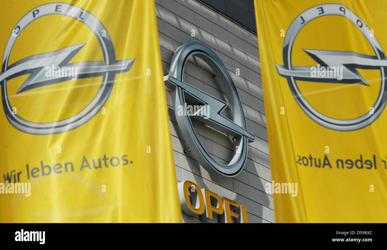Le bandiere con il logo della casa costruttrice tedesca Opel raffigurato all'Opel la pianta genitore in Ruesselsheim, Germania, 16 giugno 2010. Opel la casa madre del gruppo General Motors (GM) ha lasciato cadere le sue domande di aiuti di Stato dei governi europei per Opel e ristrutturare la sua unione carmaking business utilizzando le proprie risorse, senza chiusure di impianti o licenziamenti al di sopra del già annunciato. Foto: ARNE DE Foto Stock