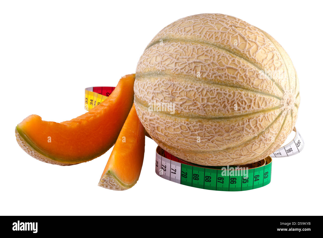 Melone con nastro di misurazione isolata su bianco Foto Stock