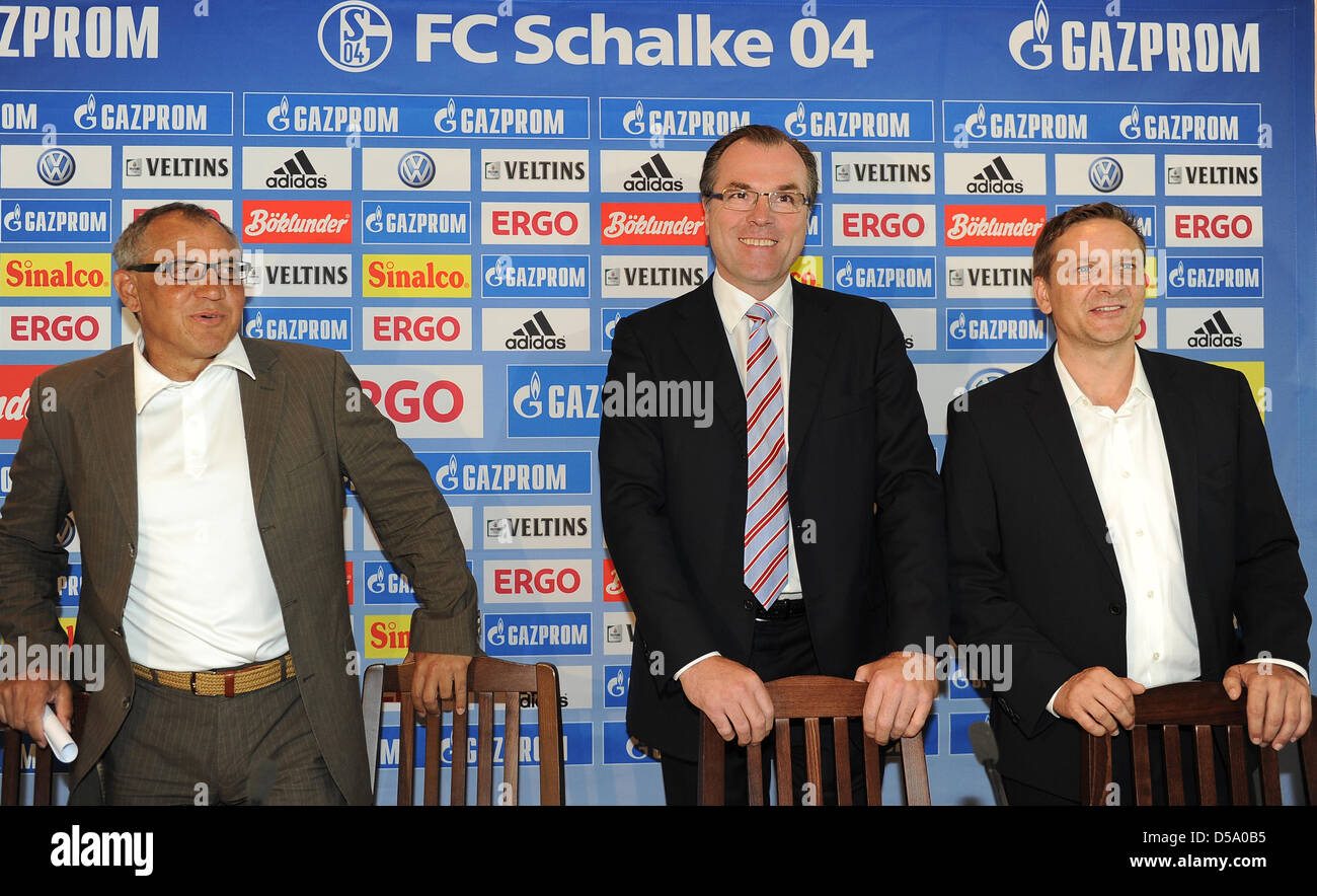 Il trainer di FC Schalke 04 Felix Magath (L-R), presidente del consiglio di sorveglianza Clemens Toennies e il nuovo manager Horst Heldt stand insieme durante la presentazione del nuovo manager di Gelsenkirchen (Germania) il 8 luglio 2010. Heldt si sposta dal VfB Stuttgart FC Schalke 04. Foto: Achim Scheidemann Foto Stock