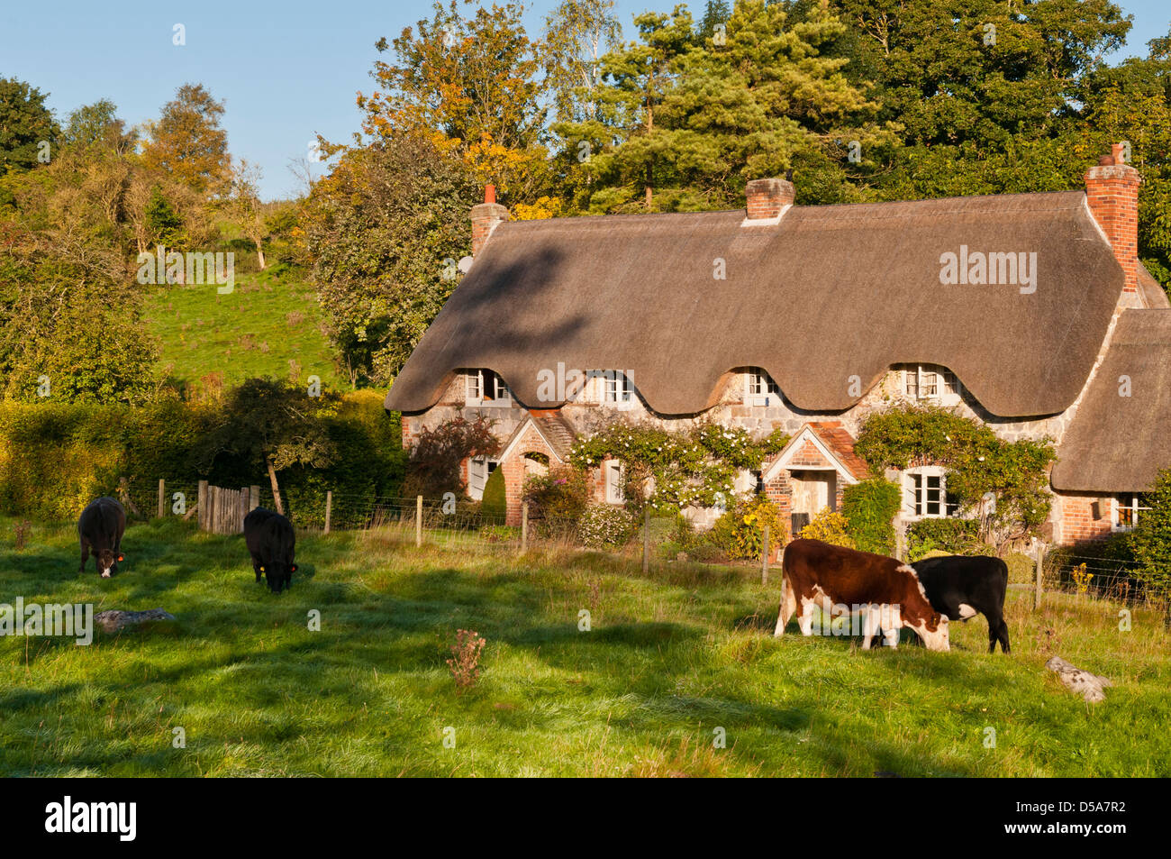 Cottage con il tetto di paglia nel villaggio di Lockeridge, Wiltshire, Regno Unito Foto Stock
