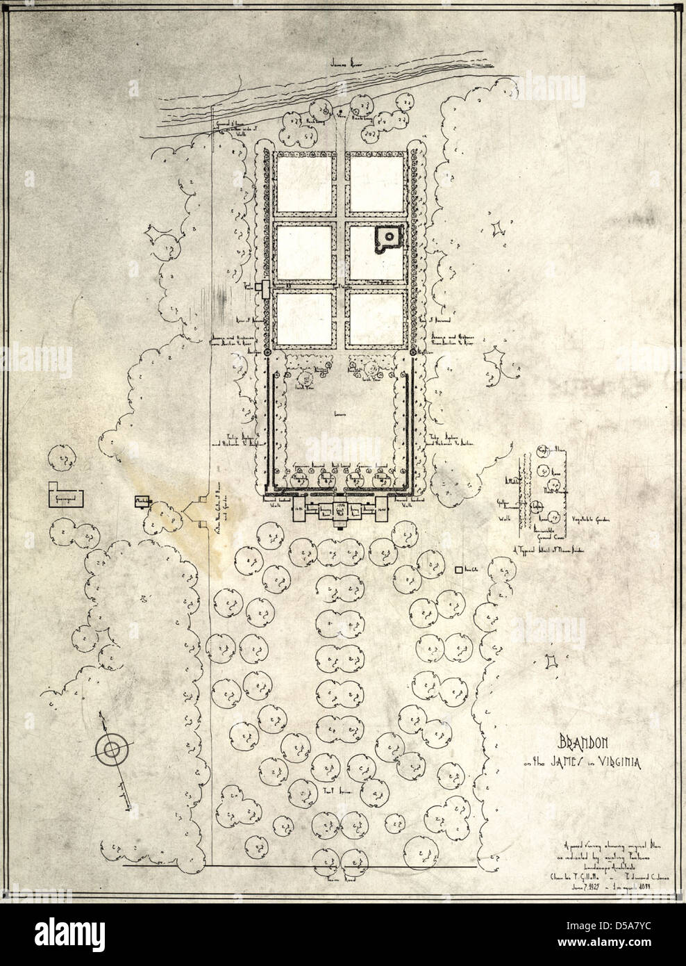 Disegni architettonici di Brandon sul James, una piantagione situata nella contea di James City, Virginia. I disegni mostrano la disposizione della tenuta, dei giardini e del paesaggio circostante lungo il fiume James. Foto Stock