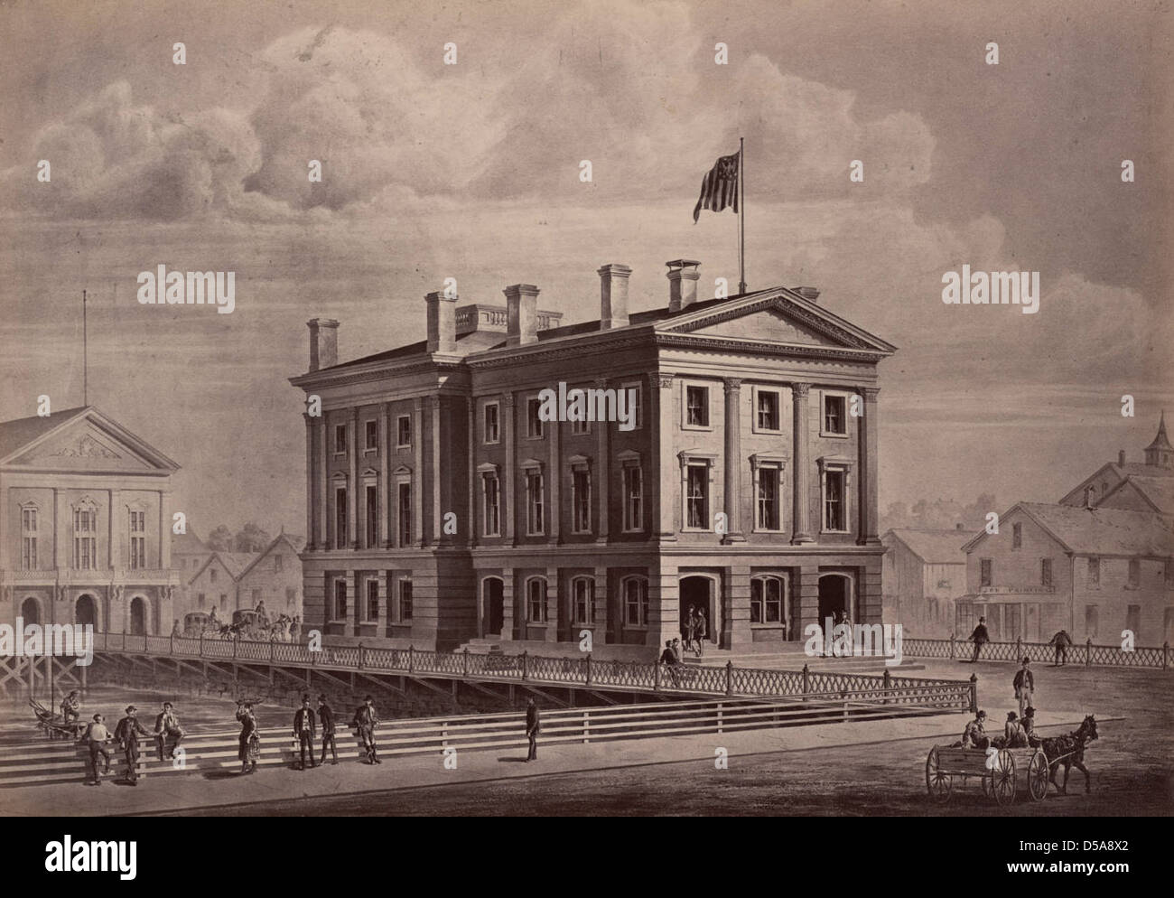 Un disegno della U.S. Custom House a Bangor, Maine, che mostra il design architettonico dell'edificio governativo e la sua posizione nel paesaggio urbano della città. Foto Stock