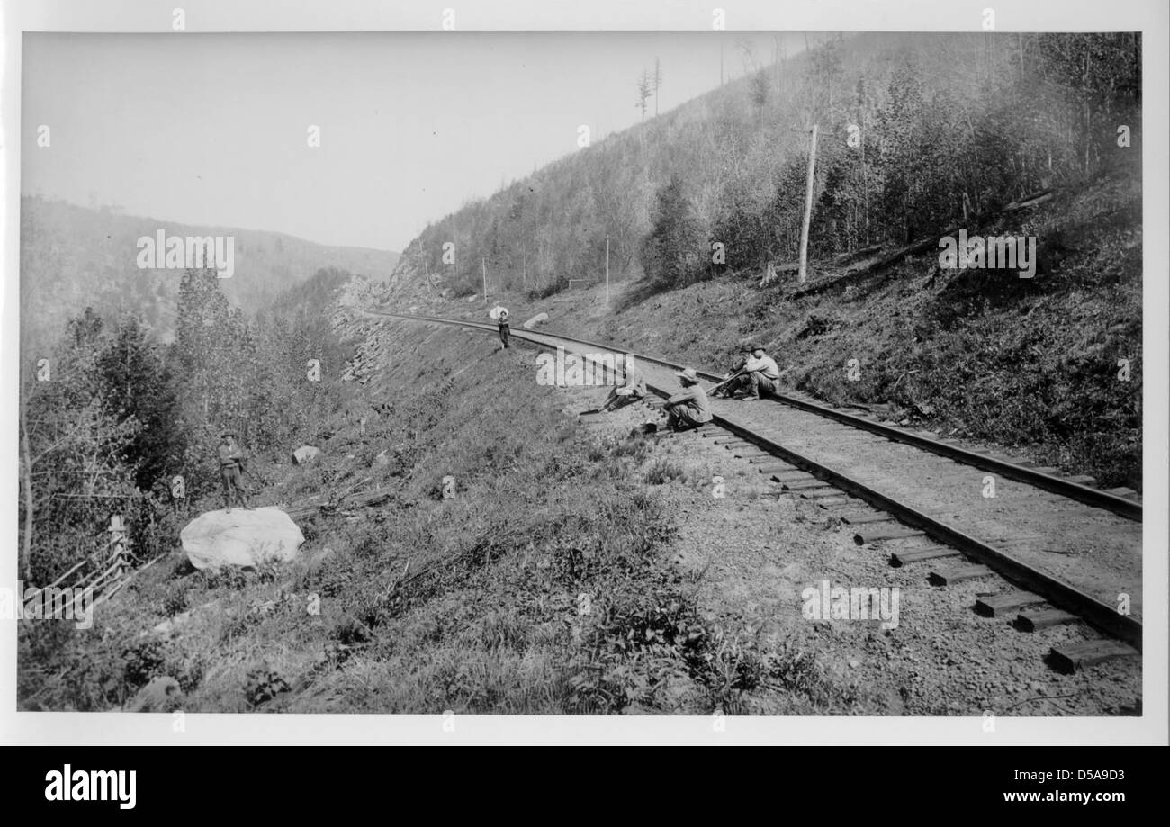 Un'immagine storica che mostra i lavoratori della pista che mantengono il binario ferroviario, una parte critica delle prime infrastrutture di trasporto americane. Questa fotografia enfatizza il lavoro manuale necessario per la manutenzione delle ferrovie. Foto Stock