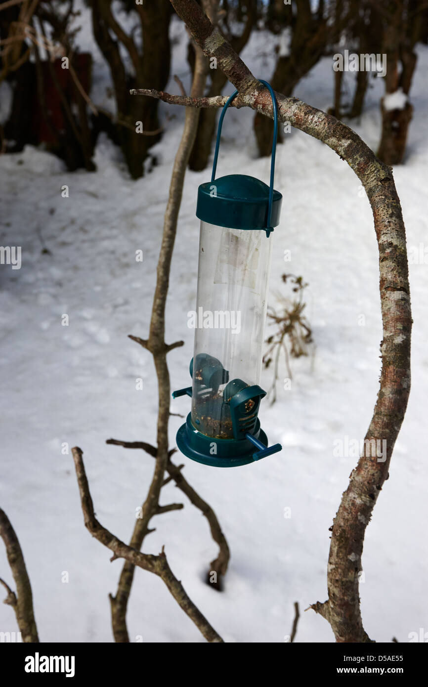 Vuoto giardino semi di uccello alimentatore sulla fredda giornata invernale nella contea di Antrim Irlanda del Nord Regno Unito Foto Stock