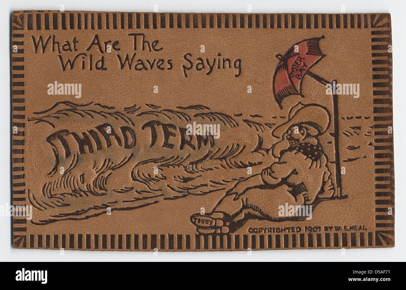 Una cartolina di cartoni animati politici da Oyster Bay, New York, con una caricatura di Theodore Roosevelt e un ombrello con le onde sullo sfondo. Riflette l'umorismo e lo stile degli anni '1900 Foto Stock