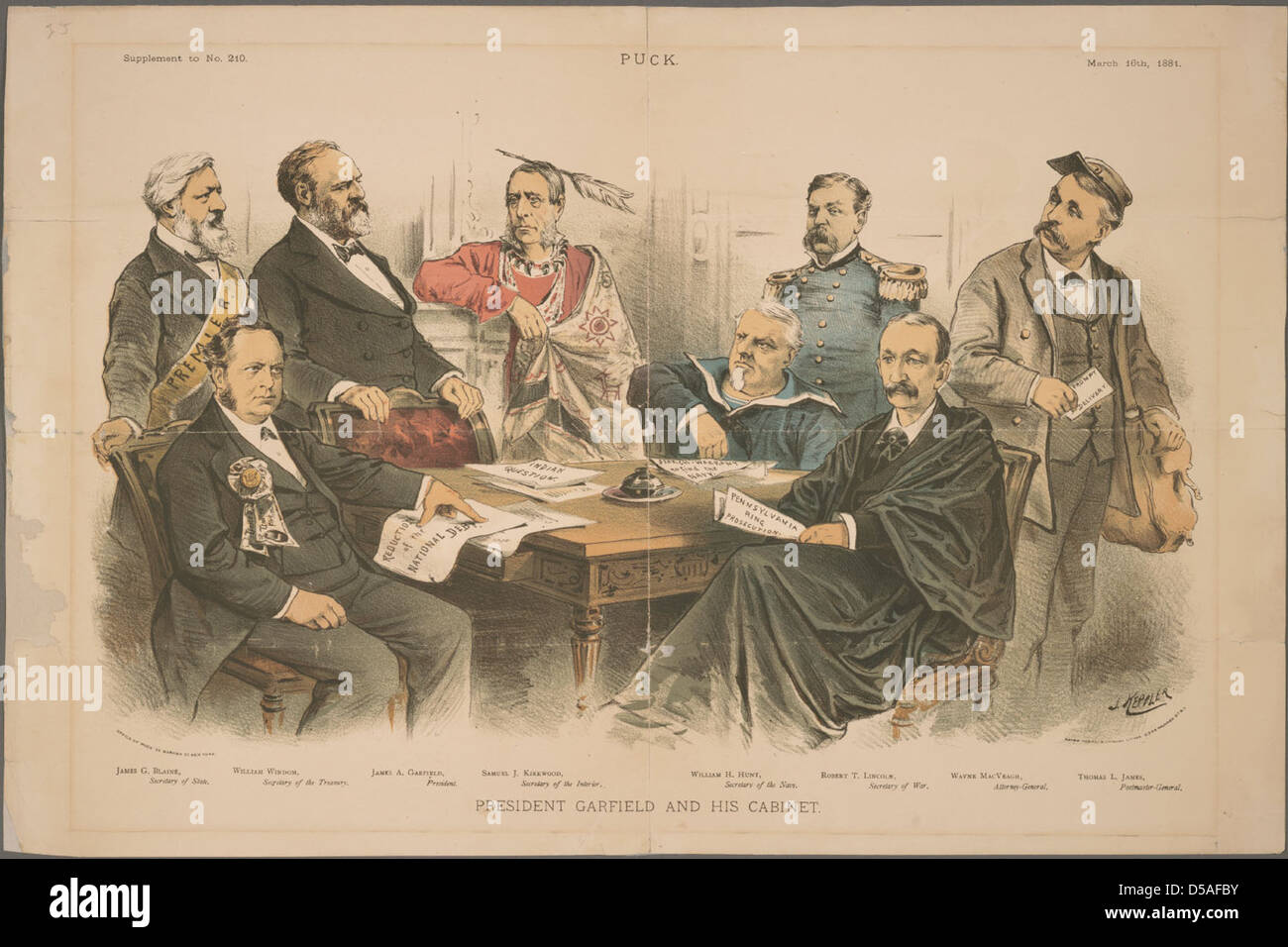 Un cartone animato politico che mostra il presidente James A. Garfield e i suoi membri del gabinetto, tra cui James Gillespie Blaine, con figure di rilievo come William Henry Hunt e altri. L'illustrazione mette in luce le figure politiche dell'epoca. Foto Stock