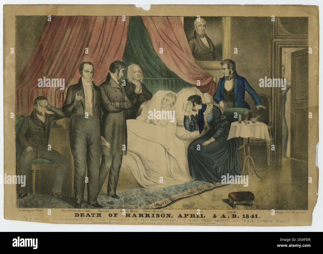 Un'immagine commemorativa che segna la morte del presidente William Henry Harrison il 4 aprile 1841, con una rappresentazione di lutto e clero in un contesto storico. Foto Stock