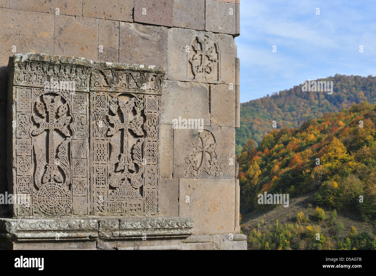 Khachkar (croce di pietra), monastero Goshavank, Armenia Foto Stock