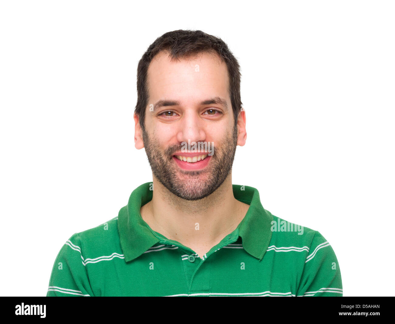 Ritratto di un giorno 3-barbuto giovane uomo sorridente che indossa un abito verde a righe Polo shirt Foto Stock