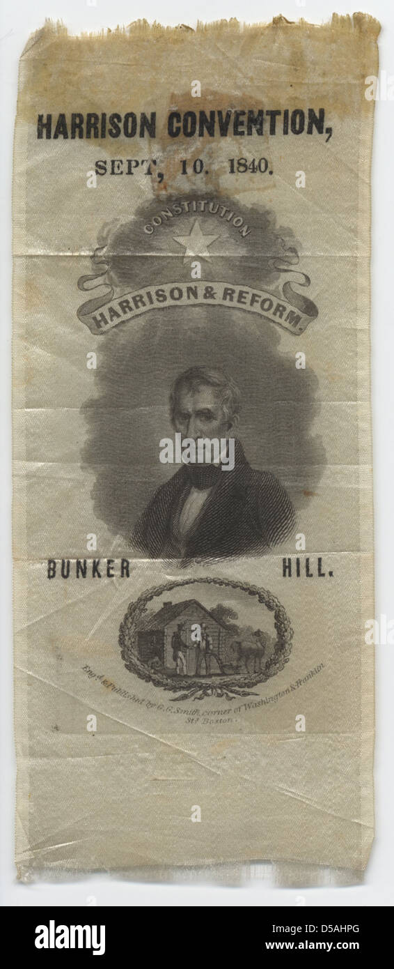 Un nastro politico dalla convenzione del 1840 per William Henry Harrison, con simboli politici e rappresentazioni agricole dell'epoca. Foto Stock