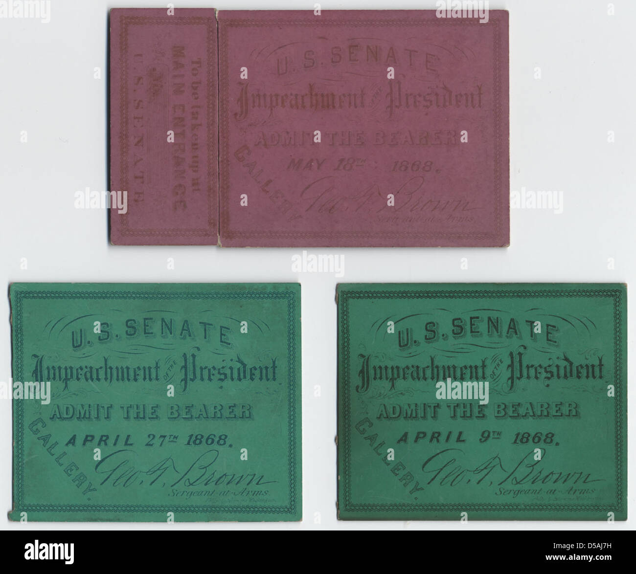 Biglietti d'ingresso all'impeachment di Andrew Johnson del 1868, tenutosi presso il Campidoglio degli Stati Uniti a Washington, D.C. l'evento segnò un momento cruciale nella storia americana, riflettendo le tensioni politiche dell'America post-guerra civile. Foto Stock