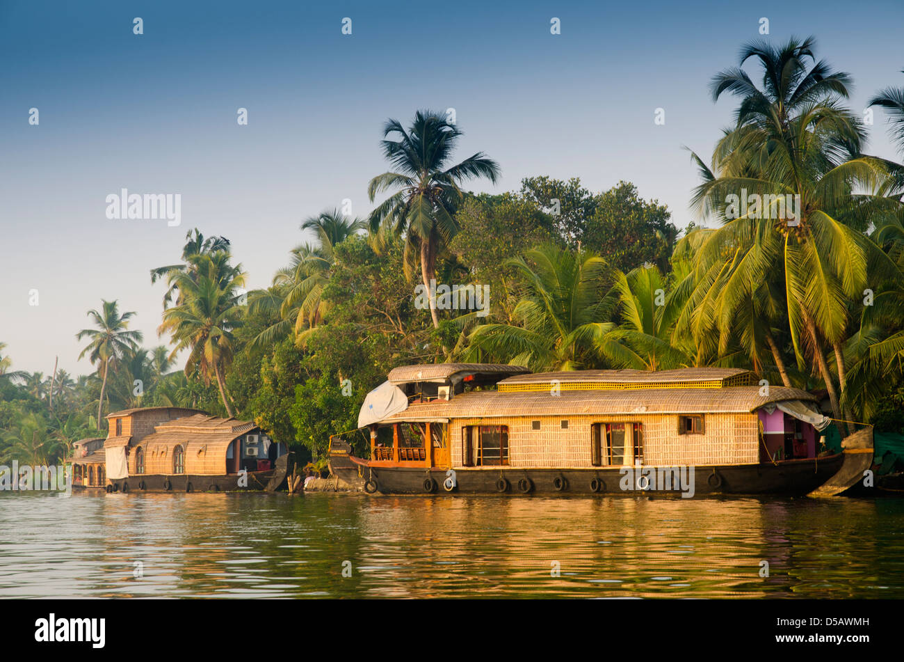 Case galleggianti su Kerala Backwaters, India del Sud Foto Stock