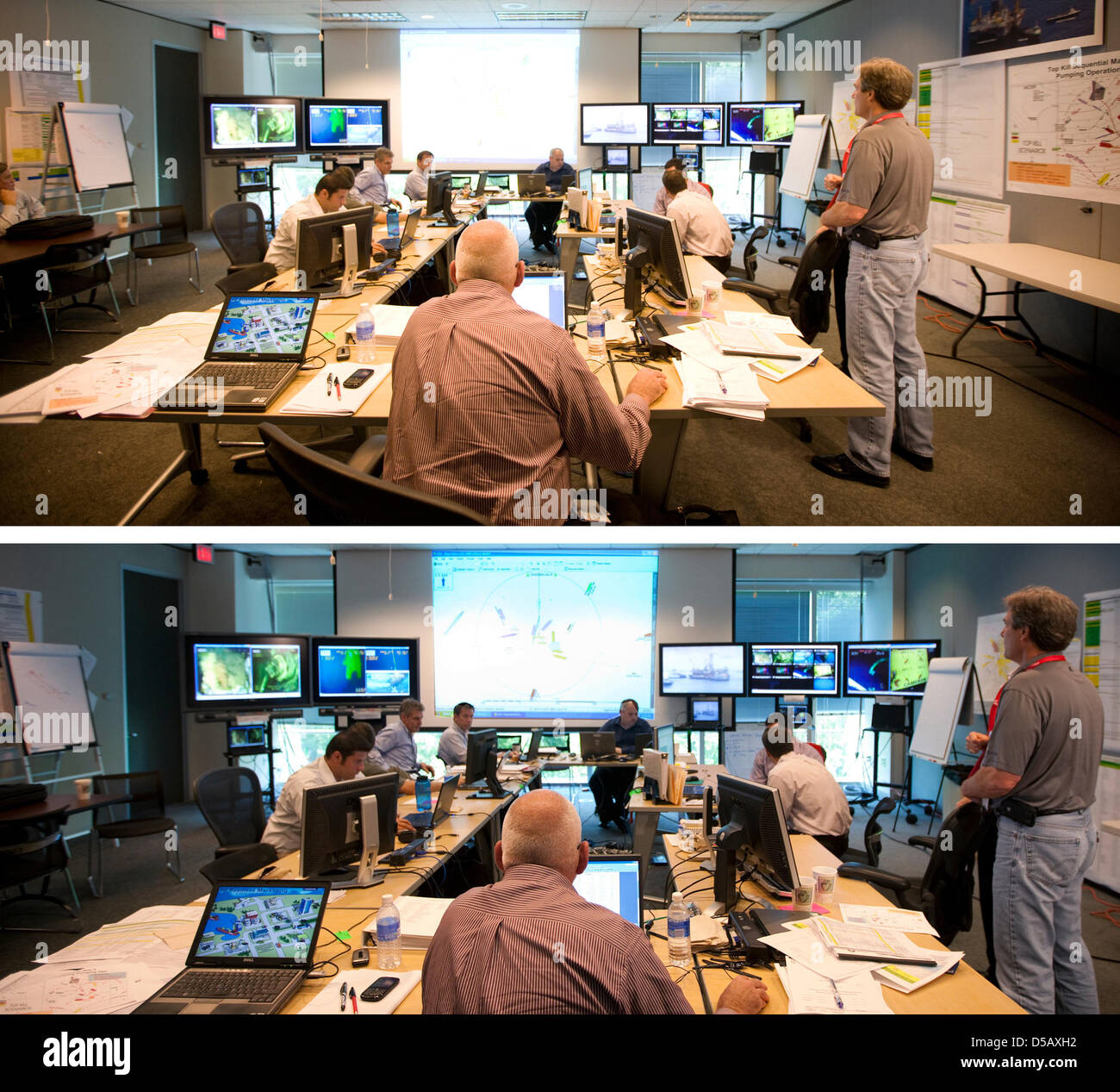 Una foto combo del oringinal (top) e la versione modificata (fondo) di un quadro che è stato rilasciato sulla homepage del gigante petrolifero British Petroleum (BP) sul "eepwater orizzonte' fuoriuscite di olio. Quando la modifica è diventato pubblico, BP rimosso le foto dal suo sito web e ha presentato tre immagini ciascuna in originale e la versione modificata sull'immagine hpsting sito 'Flickr'. Foto: dpa Foto Stock