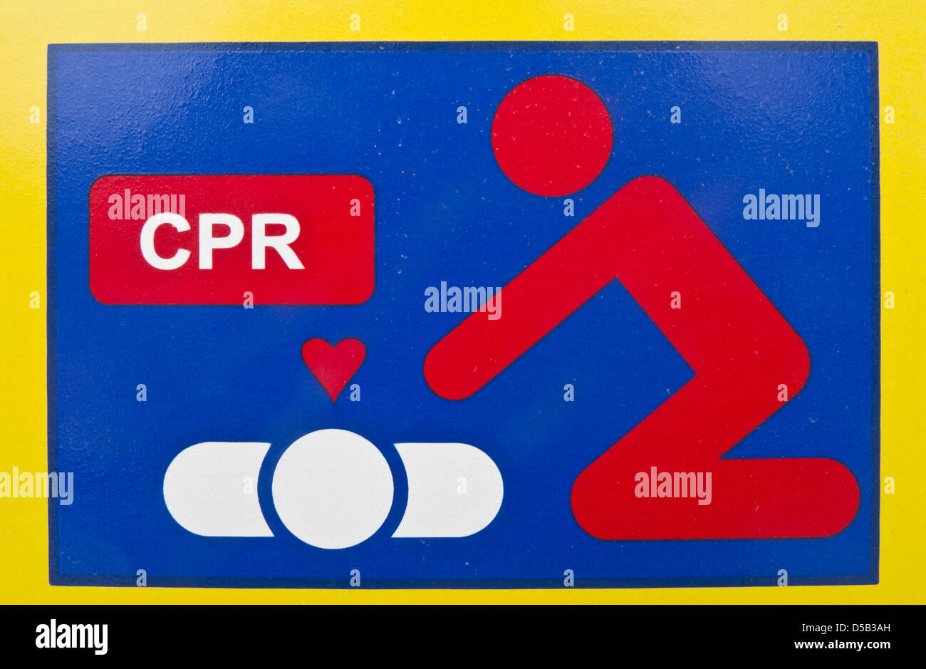 CPR diagramma simbolico sul defibrillatore semiautomatico macchina su una strada in inglese. Foto Stock