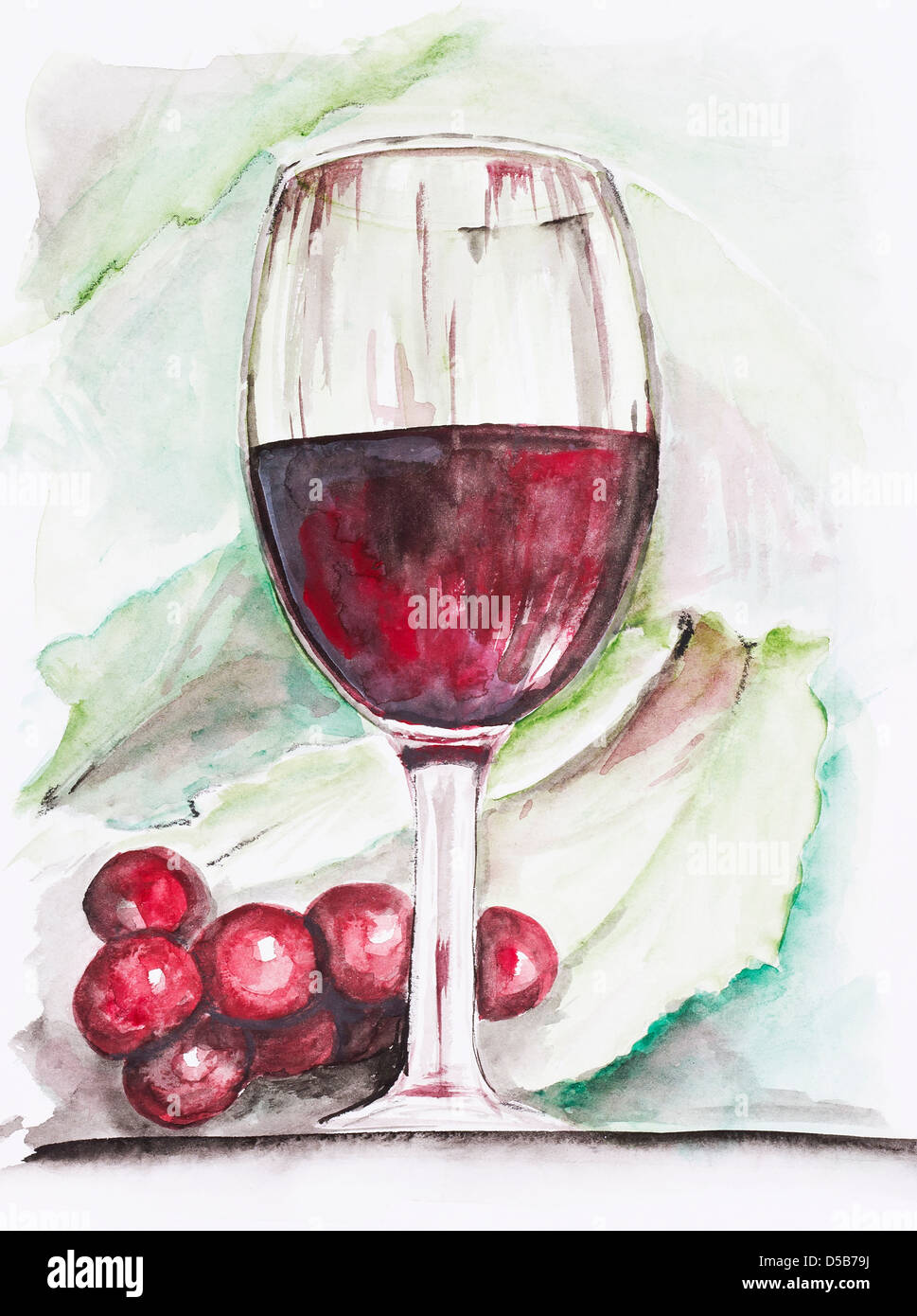Wineglass con vino rosso e uva - handmade pittura ad acquerello illustrazione su un libro bianco sullo sfondo di arte Foto Stock