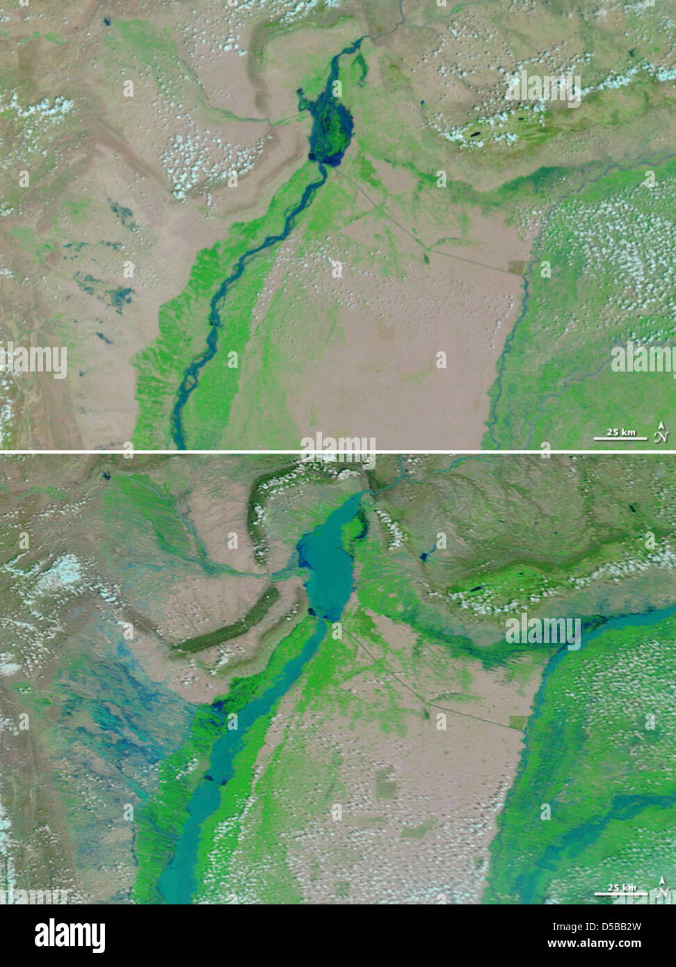 Una Terra della NASA handout combo immagine mostra l'Indus river valley su 01 Agosto 2009 (in alto) e il 31 luglio 2010 (fondo) dopo le pesanti piogge monsoniche. L allagamento è chiaramente visibile. Più di 1.500 persone sono morte e 20 milioni di persone sono colpite dalla catastrofe. Foto: la NASA Terra/dello spettroradiometro MODIS Foto Stock