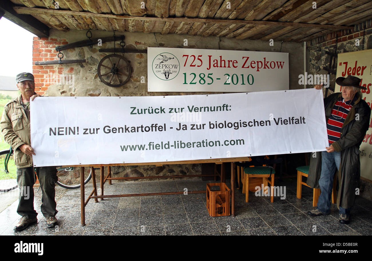 Anti-GM activistsduring un rally contro BASF GM Amflora patata in Zepkow, Germania, 27 agosto 2010. Backhaus chiede ancora una volta la sua controparte bavarese di vietare la coltivazione della patata GM Amflora. Foto: BERND WUESTNECK Foto Stock