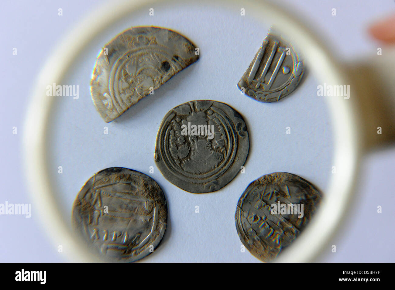Monete in arabo da un tesoro di argento si trovano sotto una lente di ingrandimento all'università di Greifswald (Germania), 1 settembre 2010. Le monete sono parte di un tesoro trovato a Anklam. Gli archeologi hanno scoperto la trasure, che è di circa 1200 anni. Foto: Stefan Sauer Foto Stock