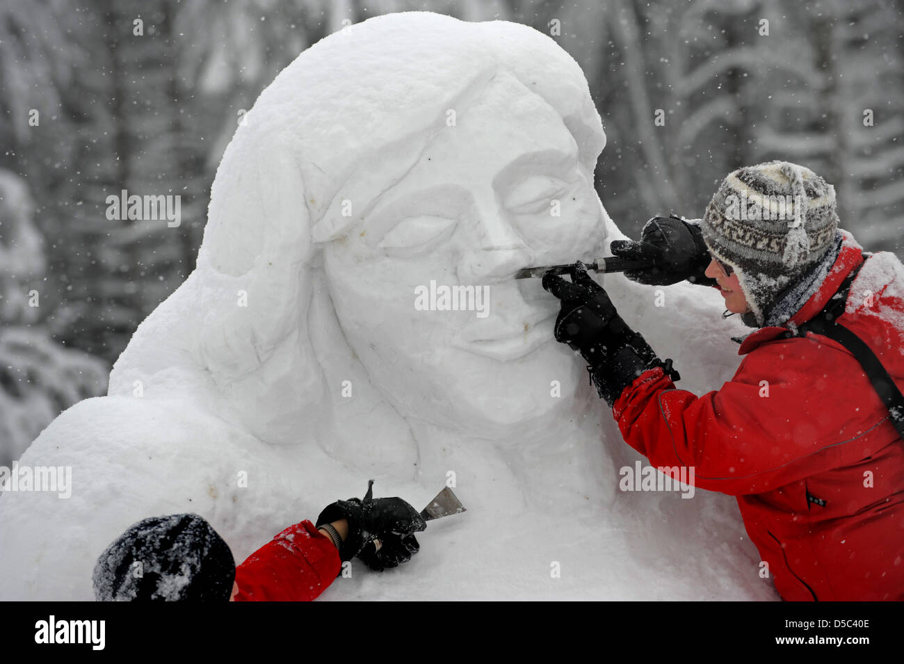 Judith Proehl lavora sulla scultura ''mermaid con pesce'' durante il XIV Snow Sculpture Festival in Neuhermsdorf, Germania, 29 gennaio 2010. Nove artisti prendere parte a questo concorso con il motto ''Atlantis - Underwaterworld mistico''. La mostra di sculture termina con il successivo scongelamento. Foto: Matthias Hiekel Foto Stock