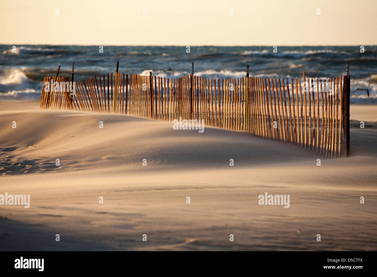 La sabbia al vento, al tramonto sul lago Michigan, Nuova Buffalo Beach, Stati Uniti d'America Foto Stock
