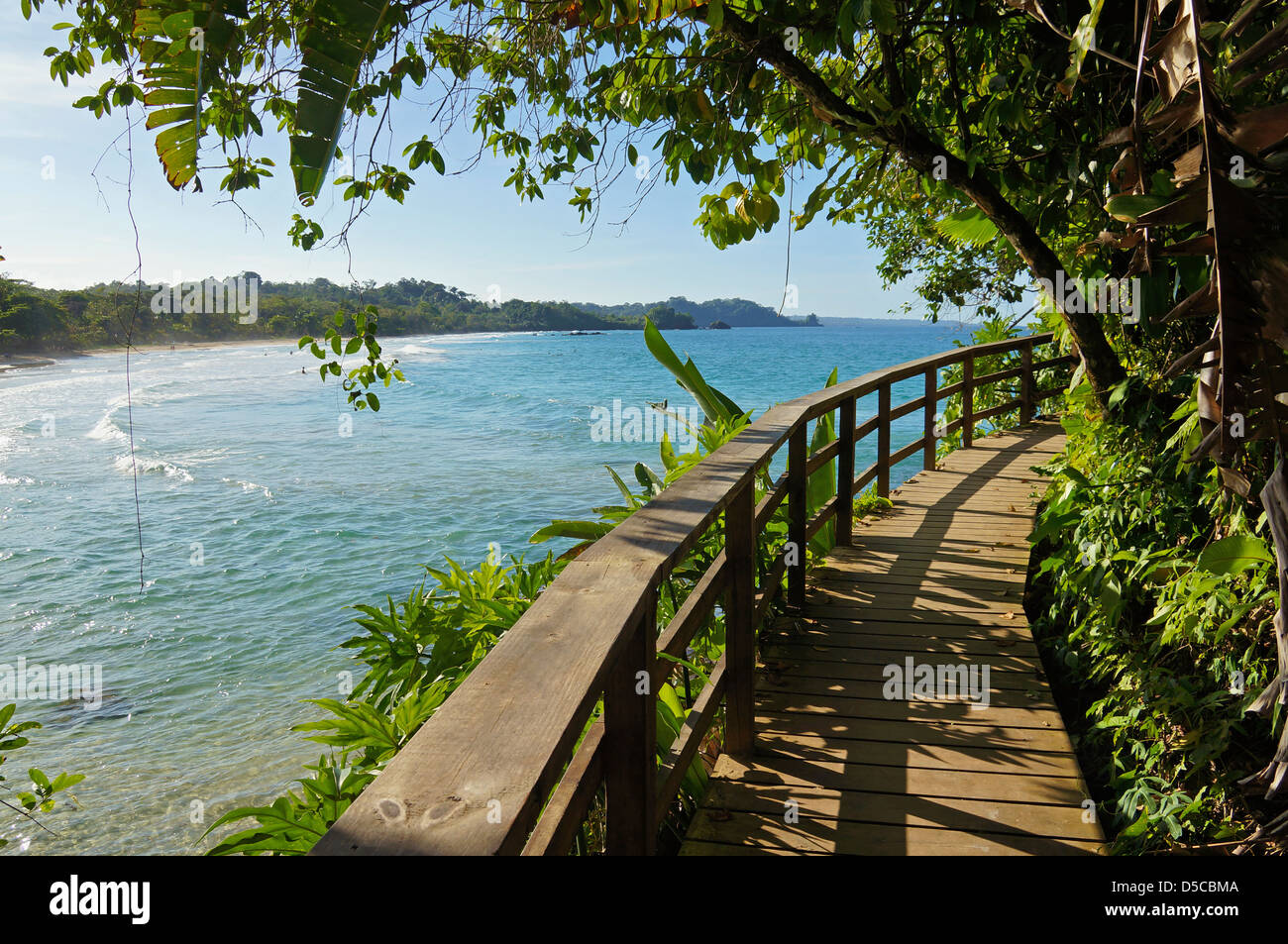 Il Footbridge con vegetazione lussureggiante lungo la costa in un isola dei Caraibi Foto Stock